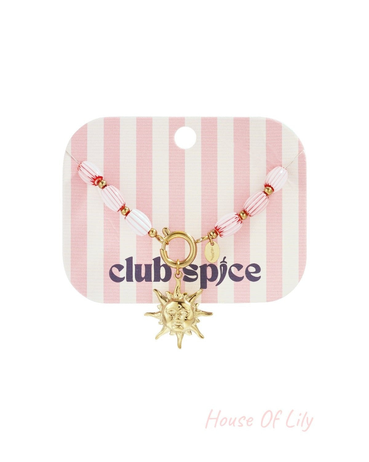 Pink and white striped beaded bracelet with gold-tone sun charm on striped pink and white card with Club Spice logo
