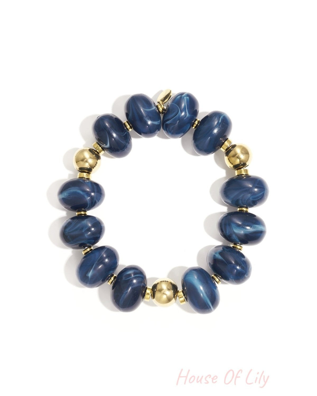 Blue marbled resin beaded bracelet with gold beads on white background
