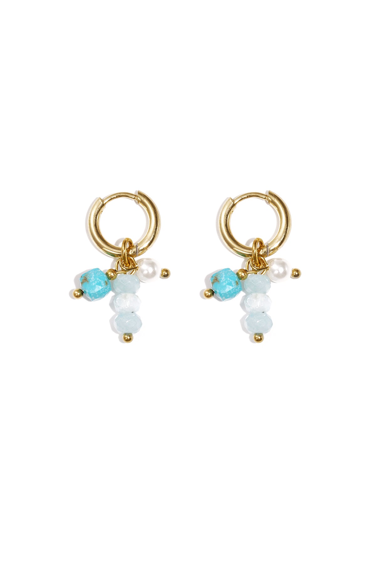 Pair of gold hoop earrings on white background featuring a variant with pale blue and turquoise beads alongside a pearl accent