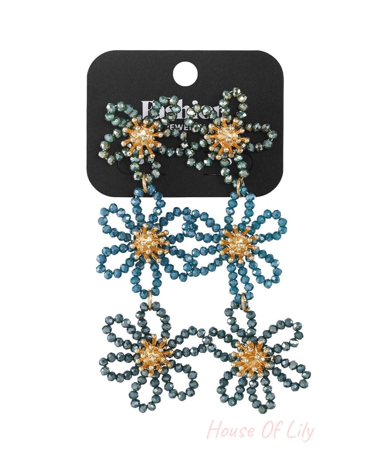 Dainty Bloom Beads dangle earrings feature three stacked teal beaded flower shapes with gold centers on a display card.