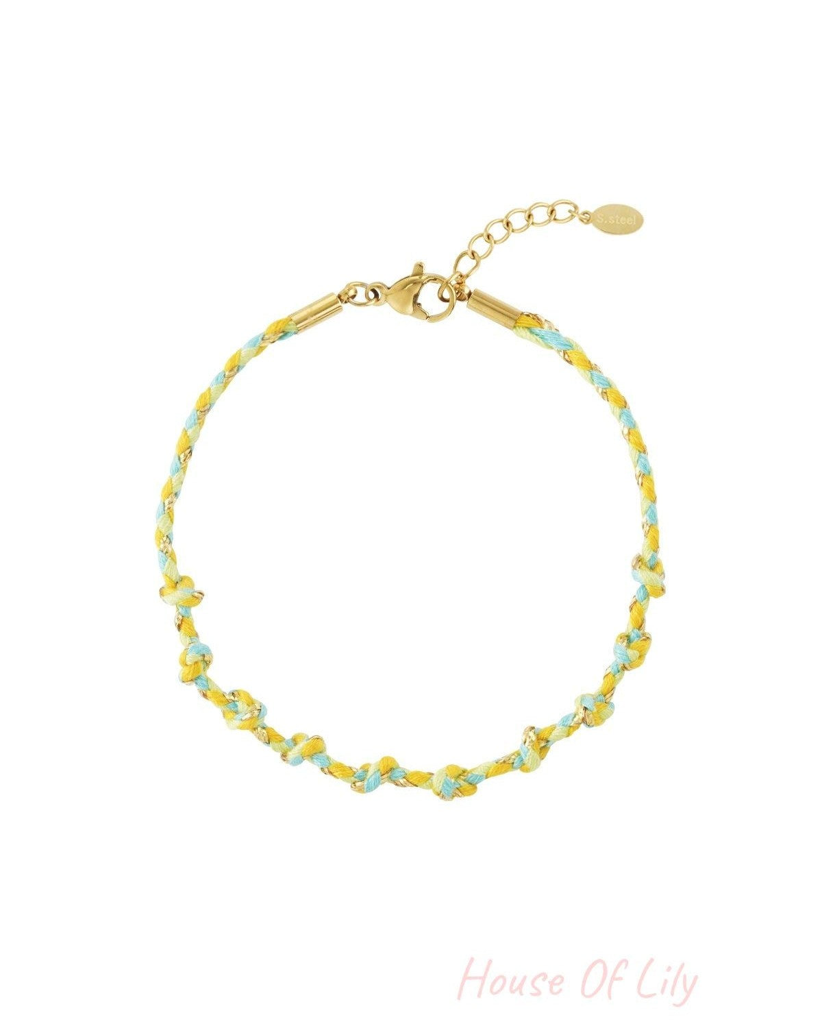 Red and beige braided cotton chain bracelet entwined with gold thread and lobster clasp on white background.