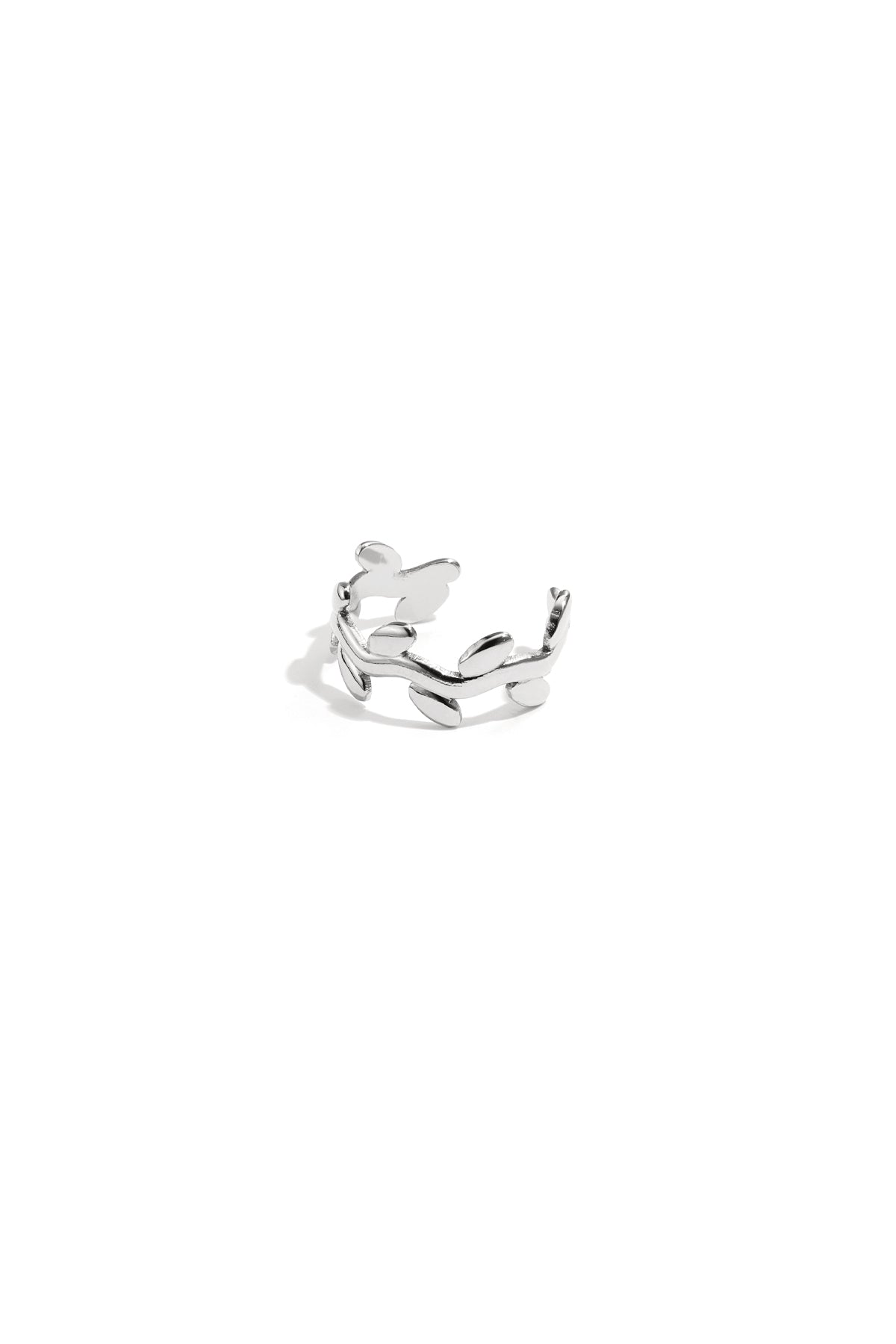 Silver laurel leaf shaped earcuff made of polished stainless steel on white background