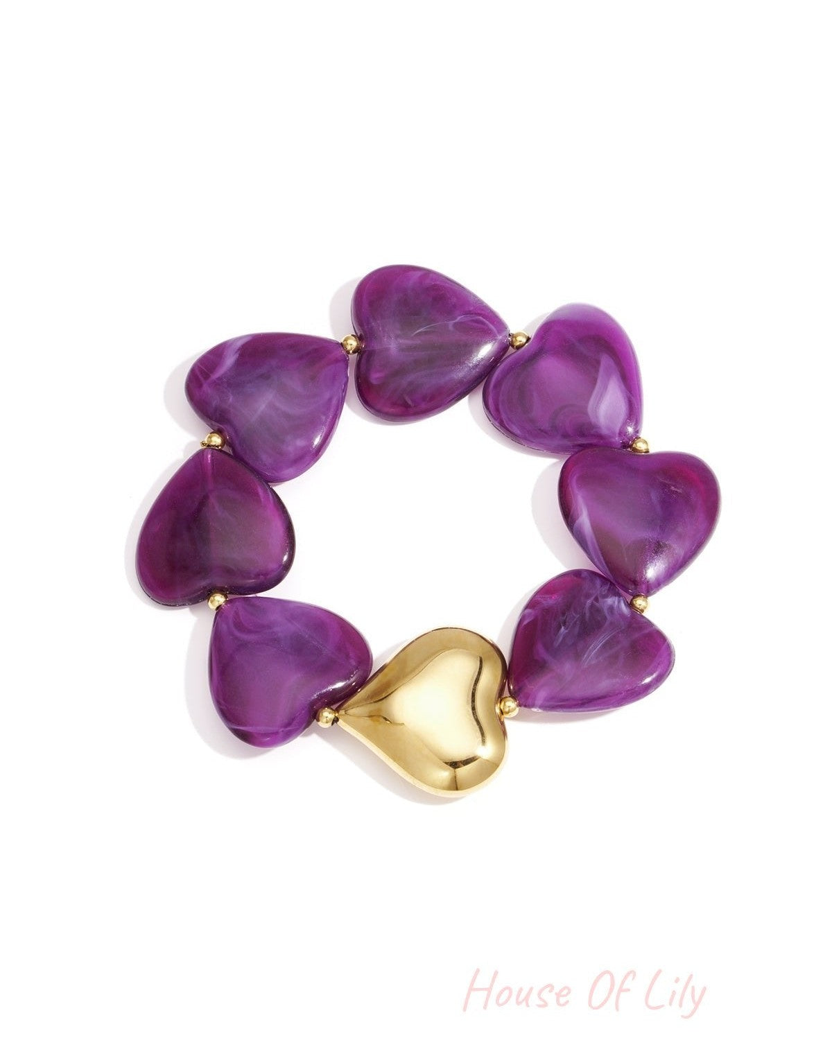 Heart-shaped marbled purple acrylic bead bracelet with gold-tone heart accent on white background