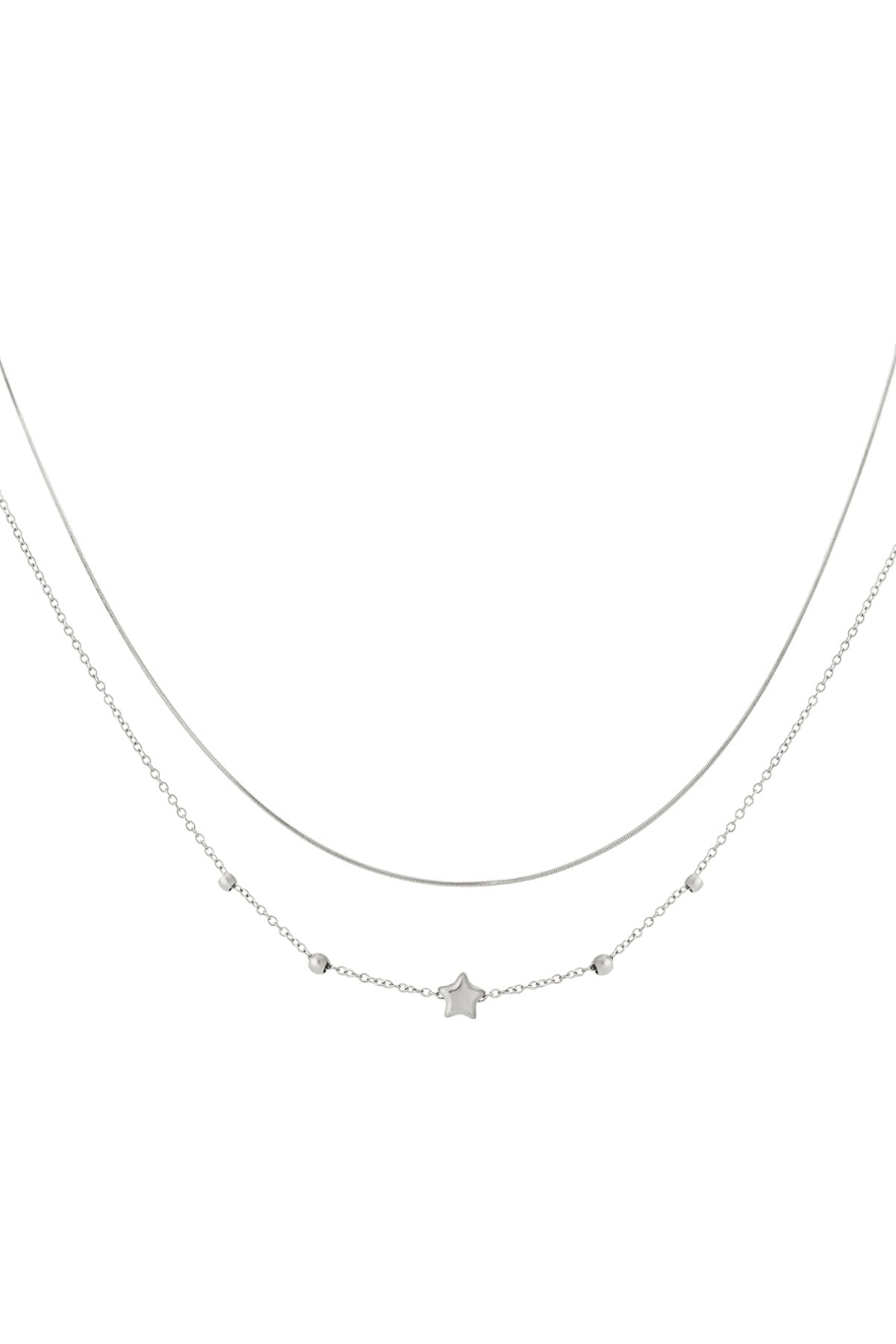 Silver toned double layered necklace featuring a smooth chain and a chain with a small star charm and round beads detail