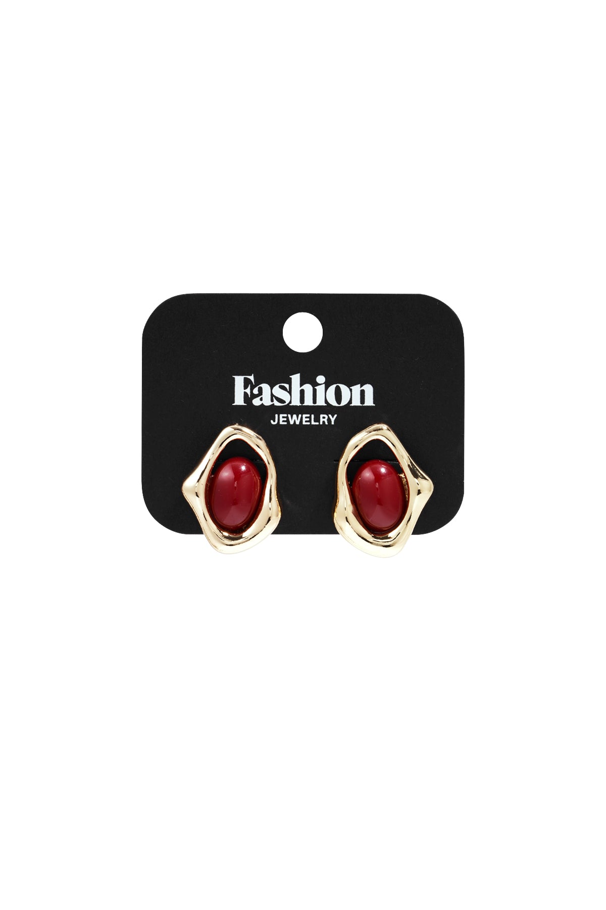 Golden Glitch Hoops: Irregular gold-tone frames surrounding smooth, oval-shaped red cabochon stones.