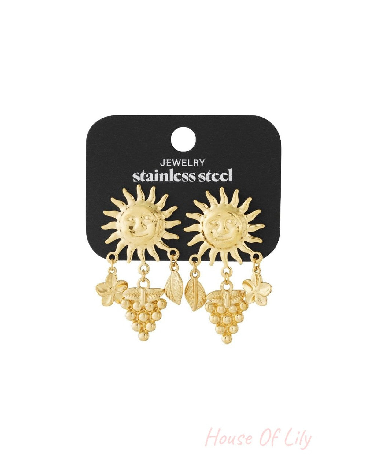 Golden Hour Drops: Gold-tone stainless steel drop earrings featuring a sun face charm with grape and leaf dangles.