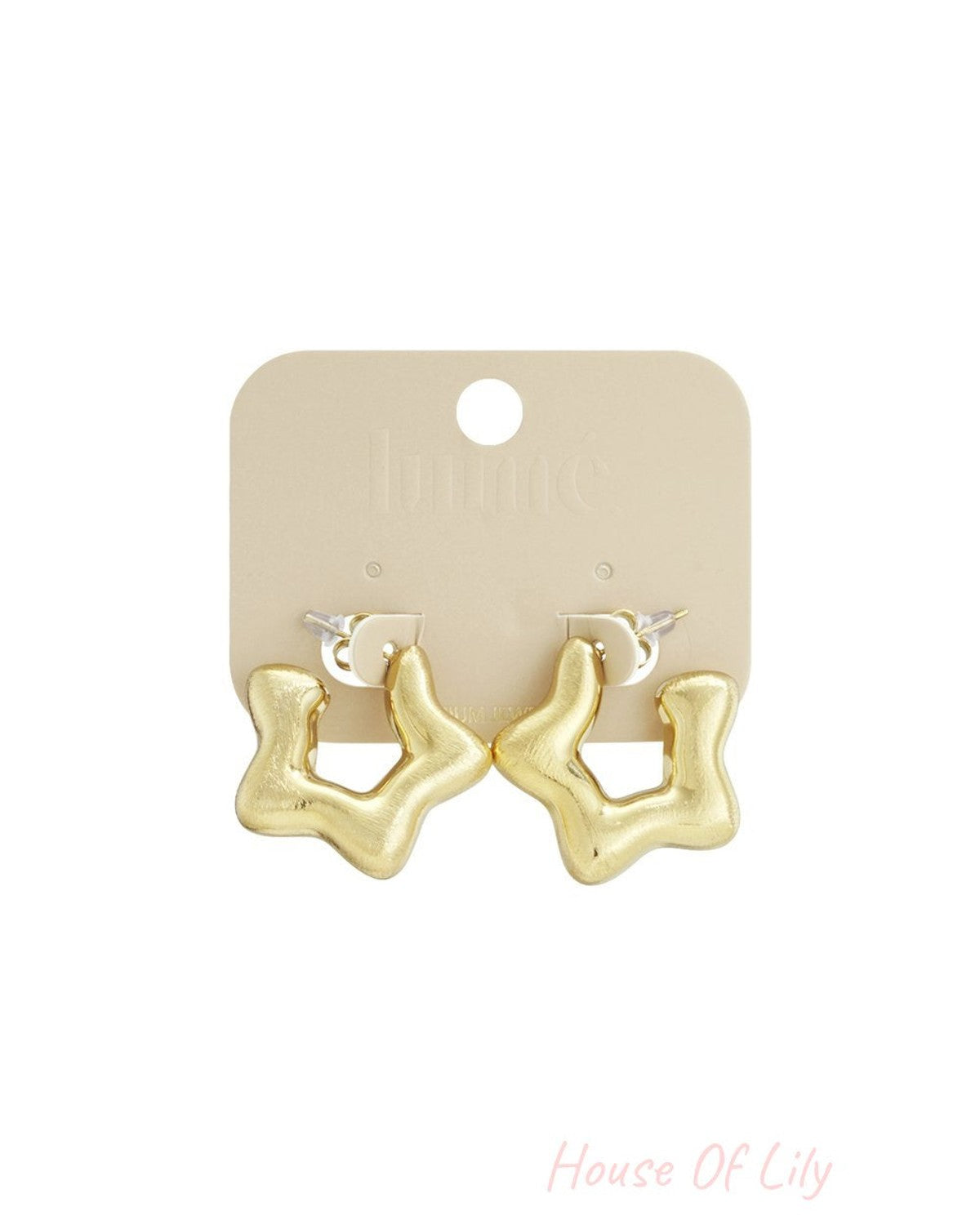 Sculpted gold-tone hoop earrings with an organic, wavy, star-like silhouette on a beige retail display card.
