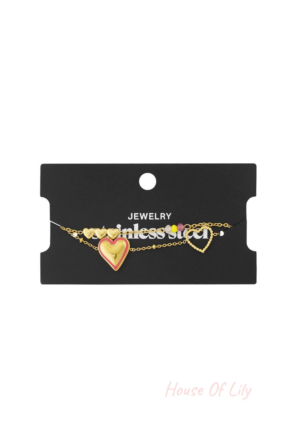 Gold stainless steel chain bracelet with a pink-rimmed heart charm, small heart charms, and multicolored beads.