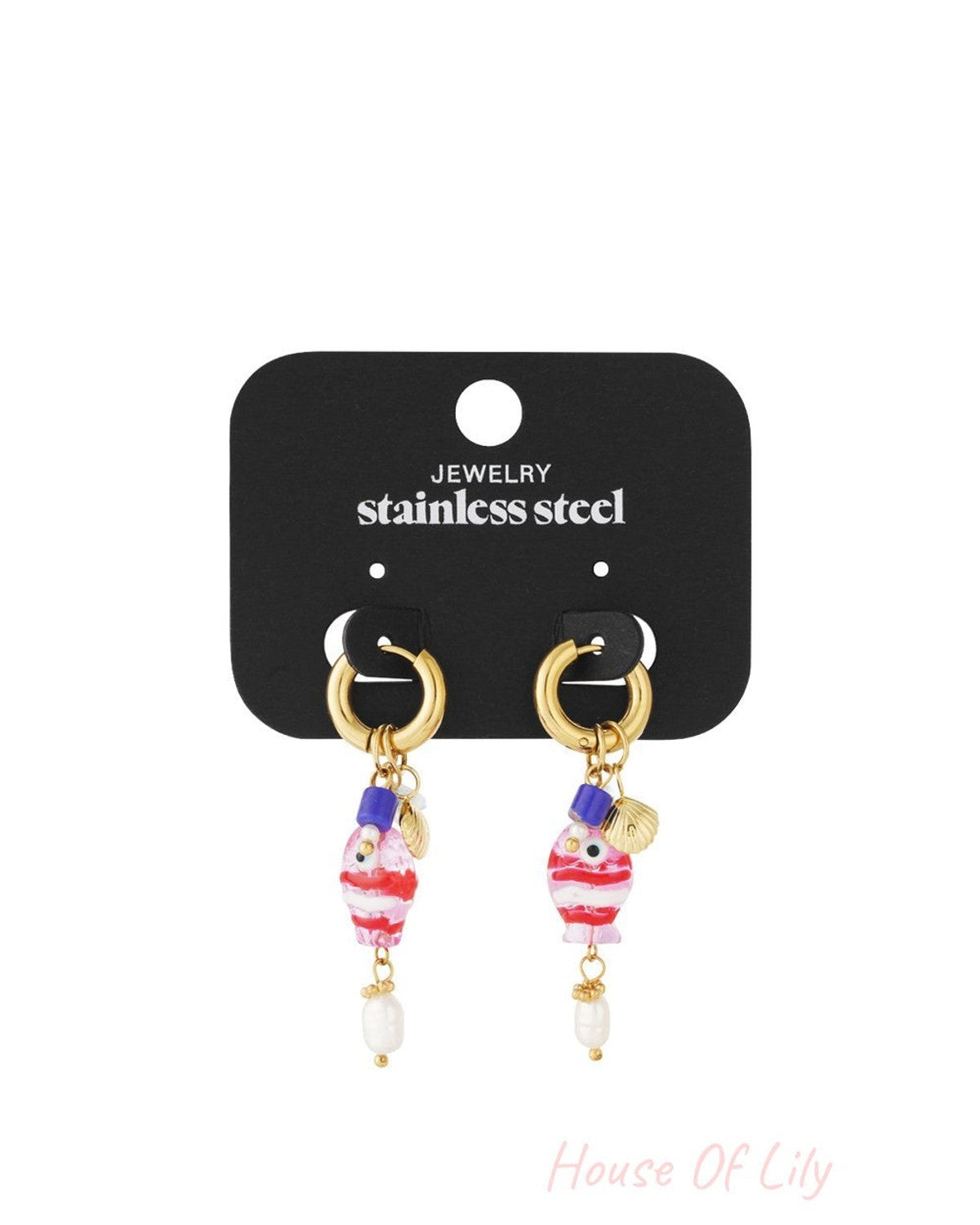 Coquette Charm Hoops: Gold stainless steel hoops with red and white striped fish charms, blue beads, and white pearls.