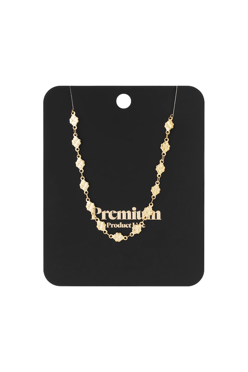 Gold-tone chain necklace featuring small, repeating four-leaf clover charms on a black display card.