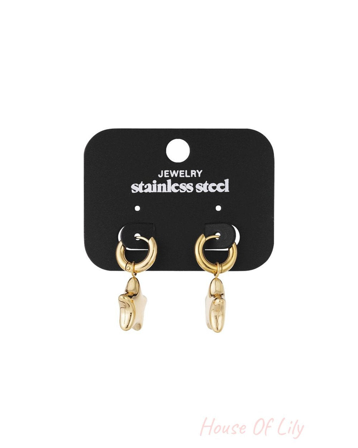 Star Girl Drops: Gold-tone stainless steel hoop earrings with puffed star charms on a black display card.