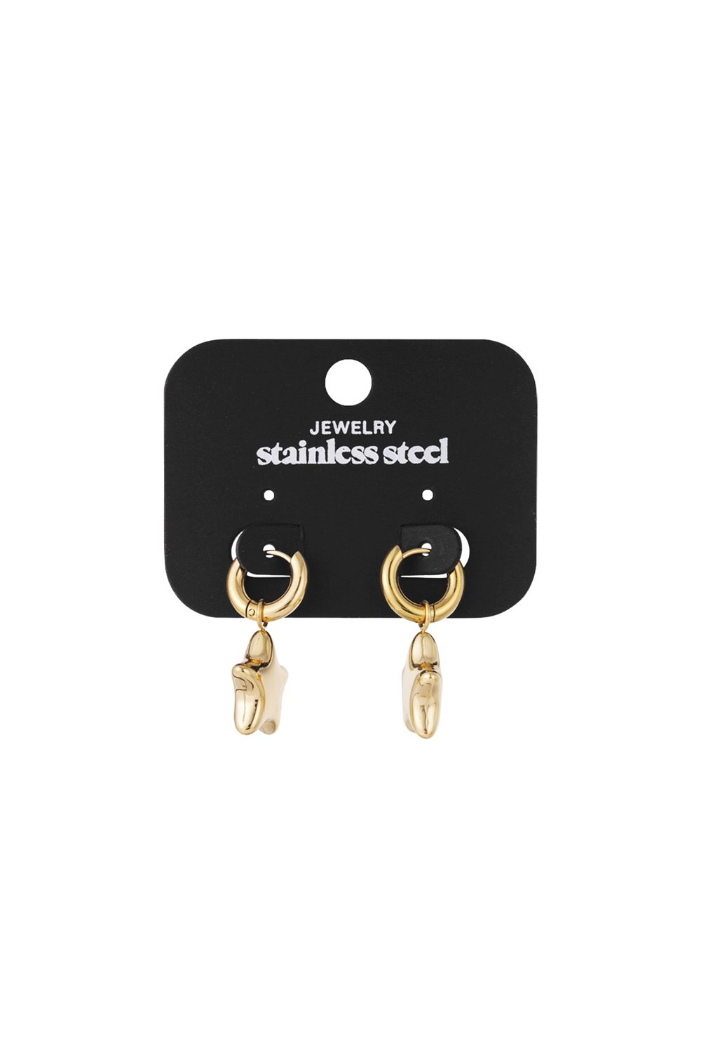 Star Girl Drops: Gold-tone stainless steel hoop earrings with puffed star charms on a black display card.
