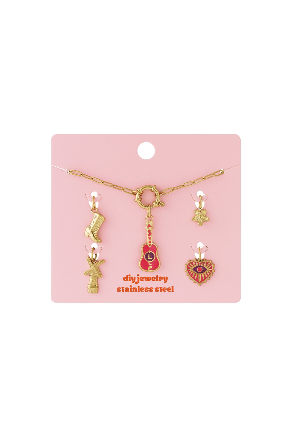 Main Character Hearts: Gold-tone stainless steel chain necklace and charms, including pink guitar and evil eye heart.