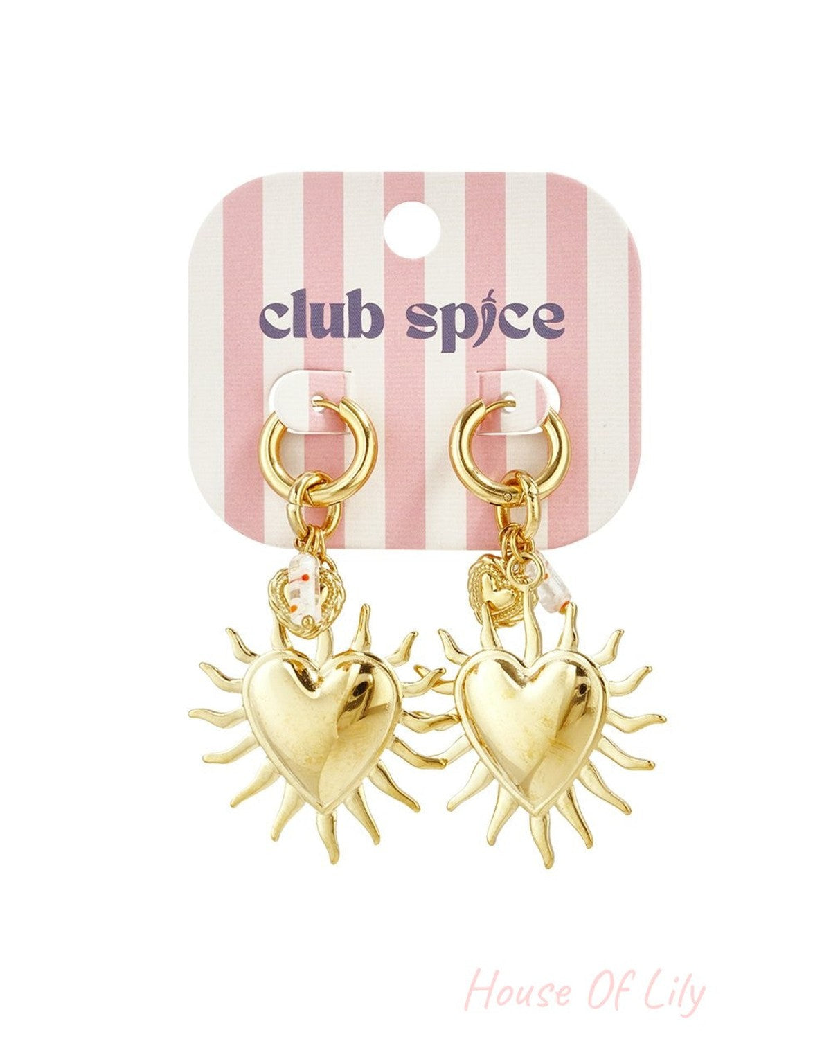 Gold-tone dangle earrings featuring a sun-shaped heart charm hanging from a small hoop on a pink striped display card.