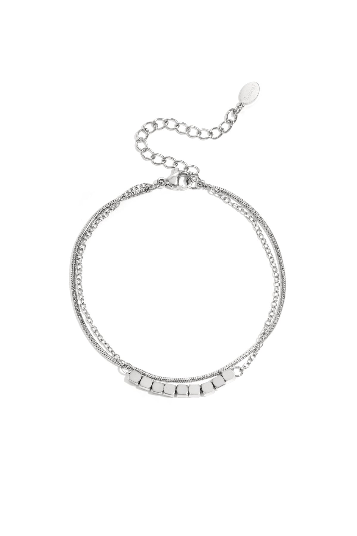 Silver-toned dainty cube chain bracelet with adjustable clasp laid flat on white background