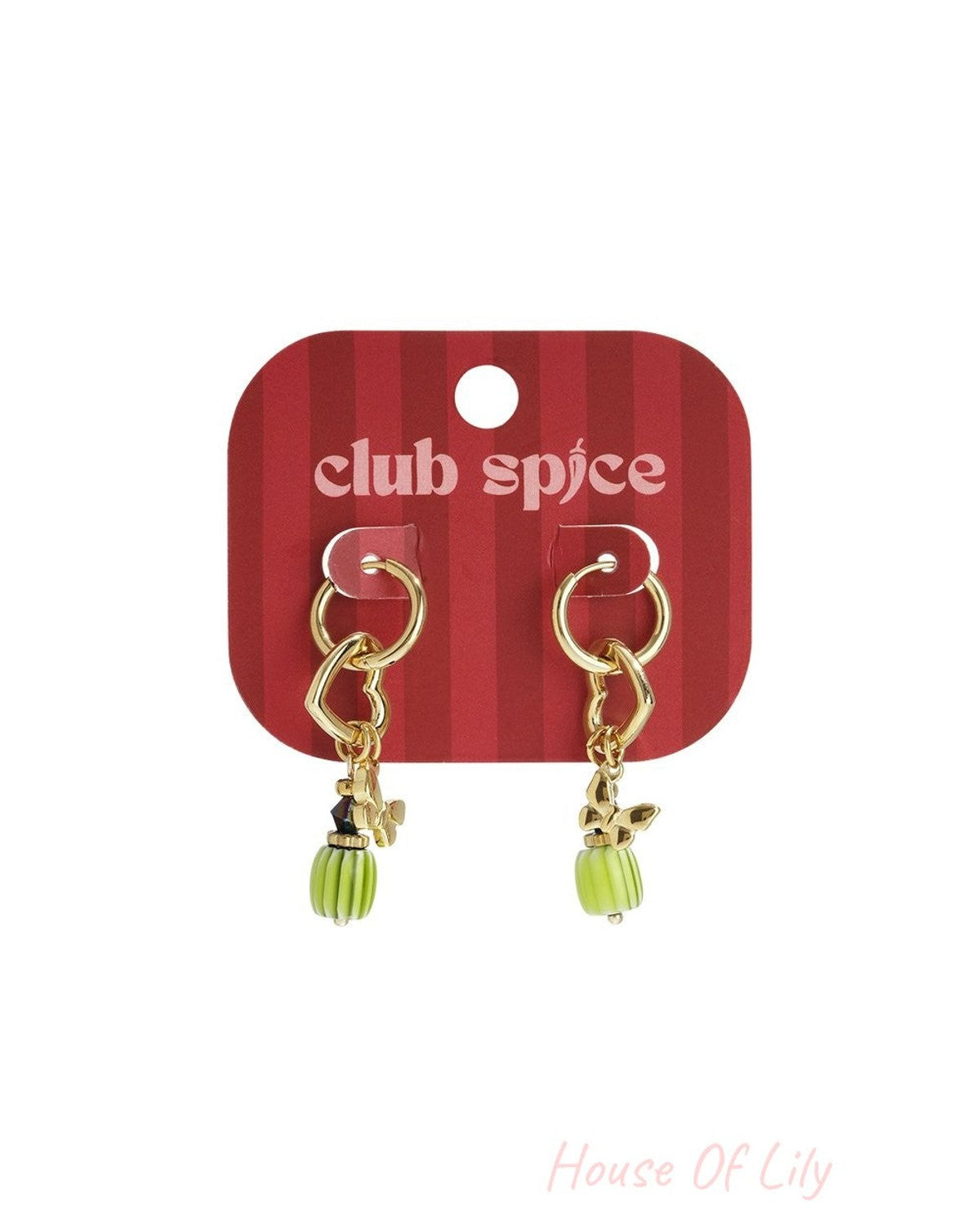 Gold hoop earrings featuring heart charms, small gold butterflies, and striped green barrel beads on a red display card.