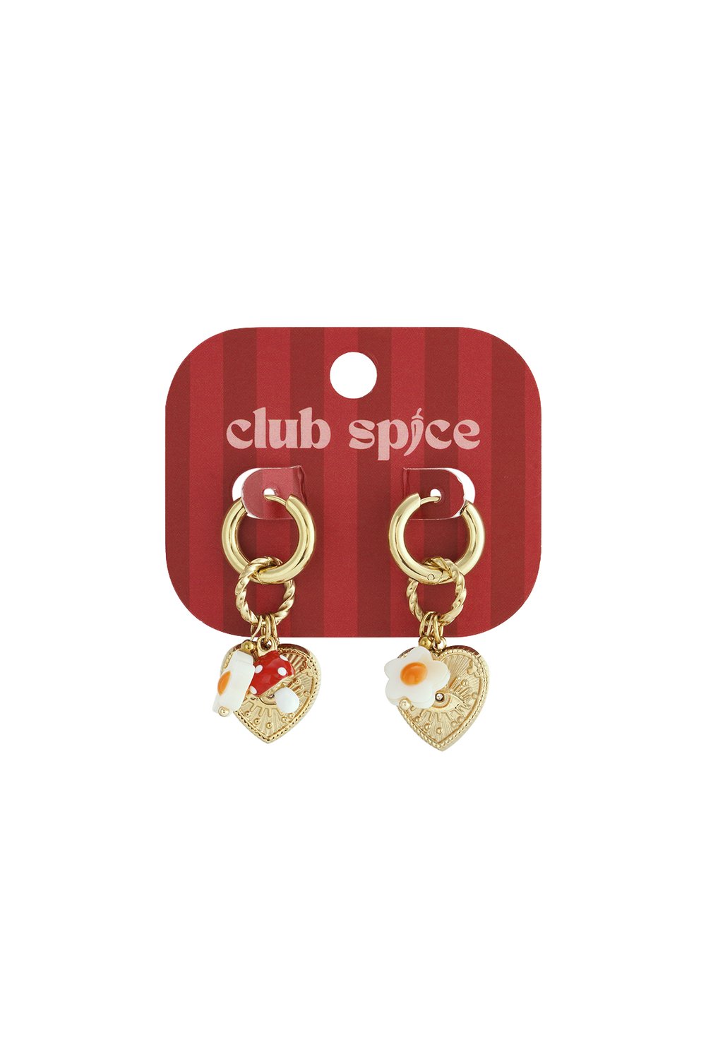 Gold hoop earrings with charms of a mushroom, flower, and heart on a branded Club Spice display card.