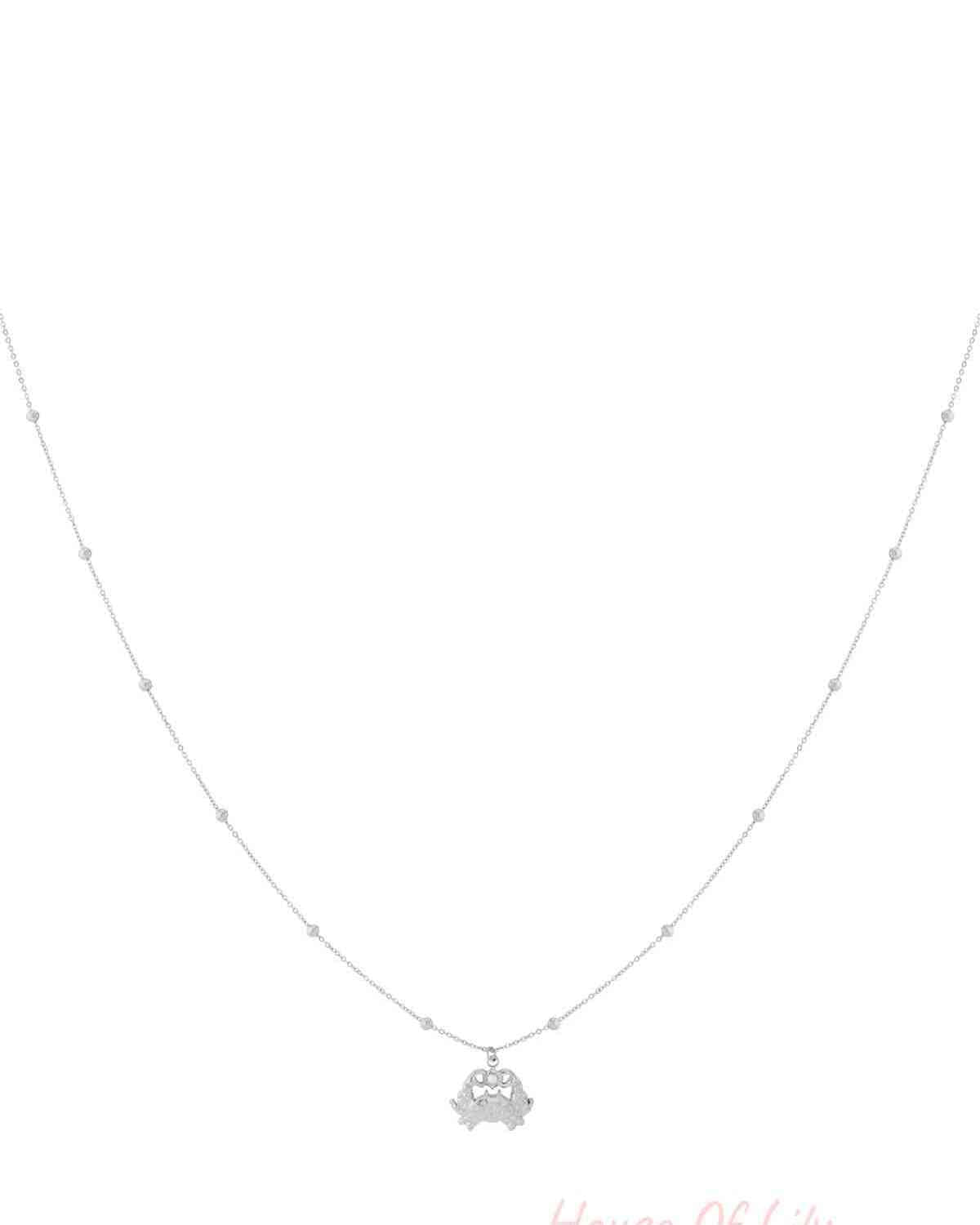 Silver crab charm necklace with fine beaded chain on white background