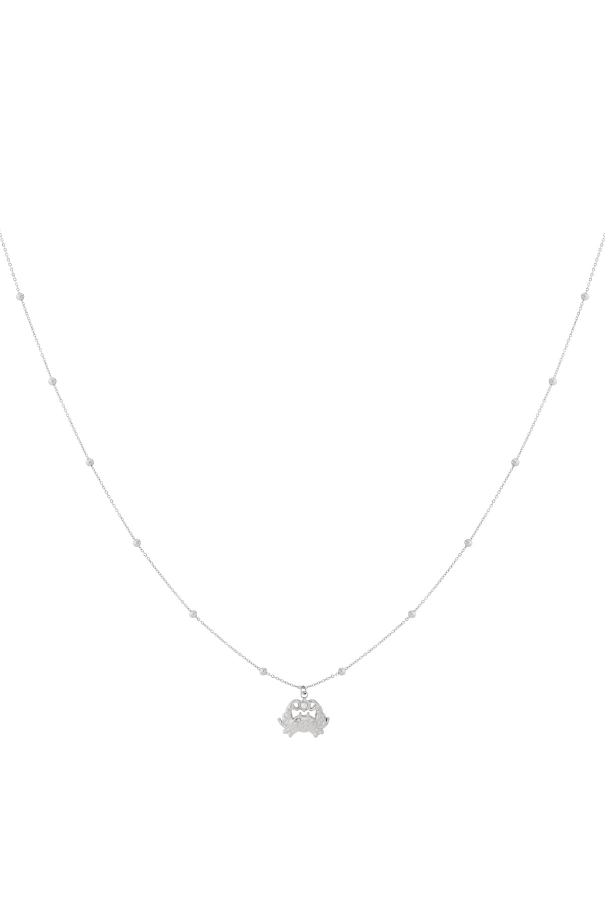 Silver crab charm necklace with fine beaded chain on white background