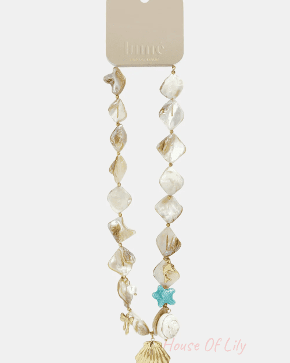 Mother-of-pearl shell necklace with irregular iridescent beads, gold charms, and a blue starfish accent.