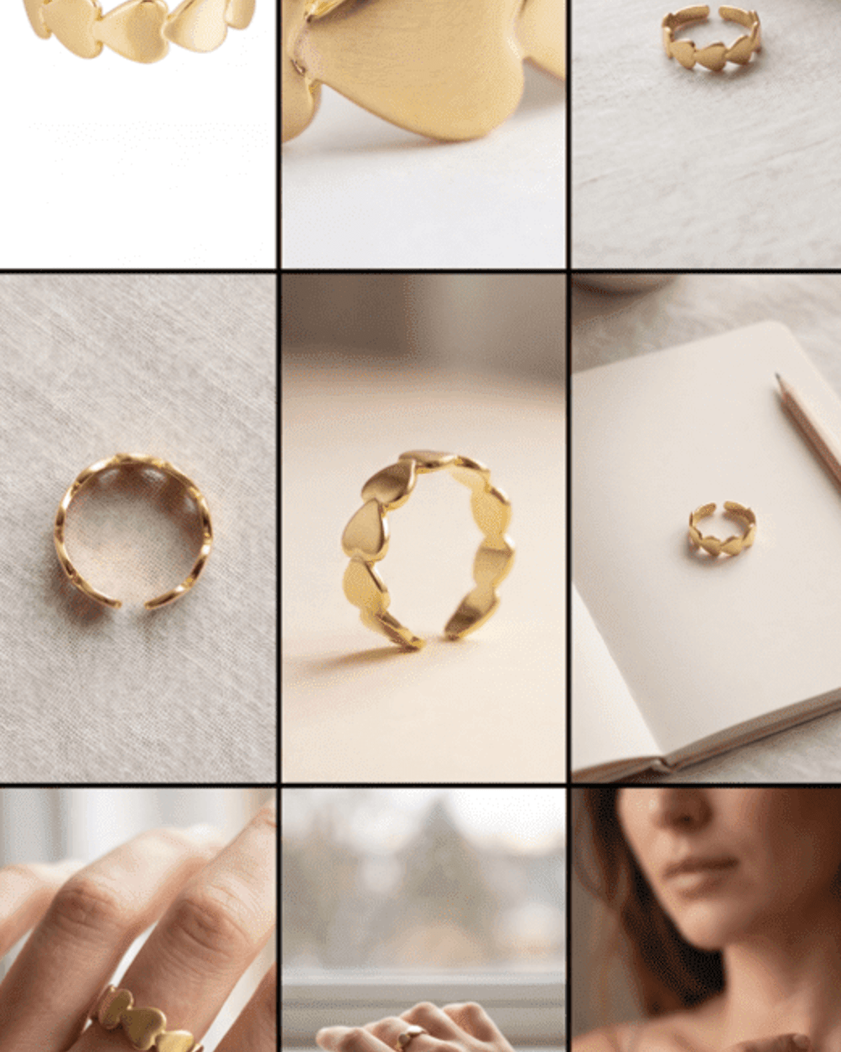 Collage of gold rings on a white background