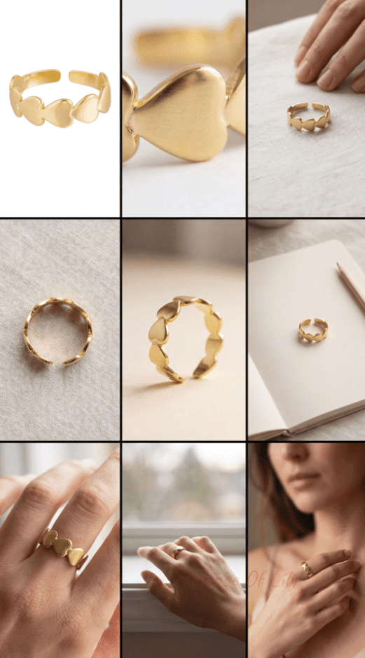 Collage of gold rings on a white background