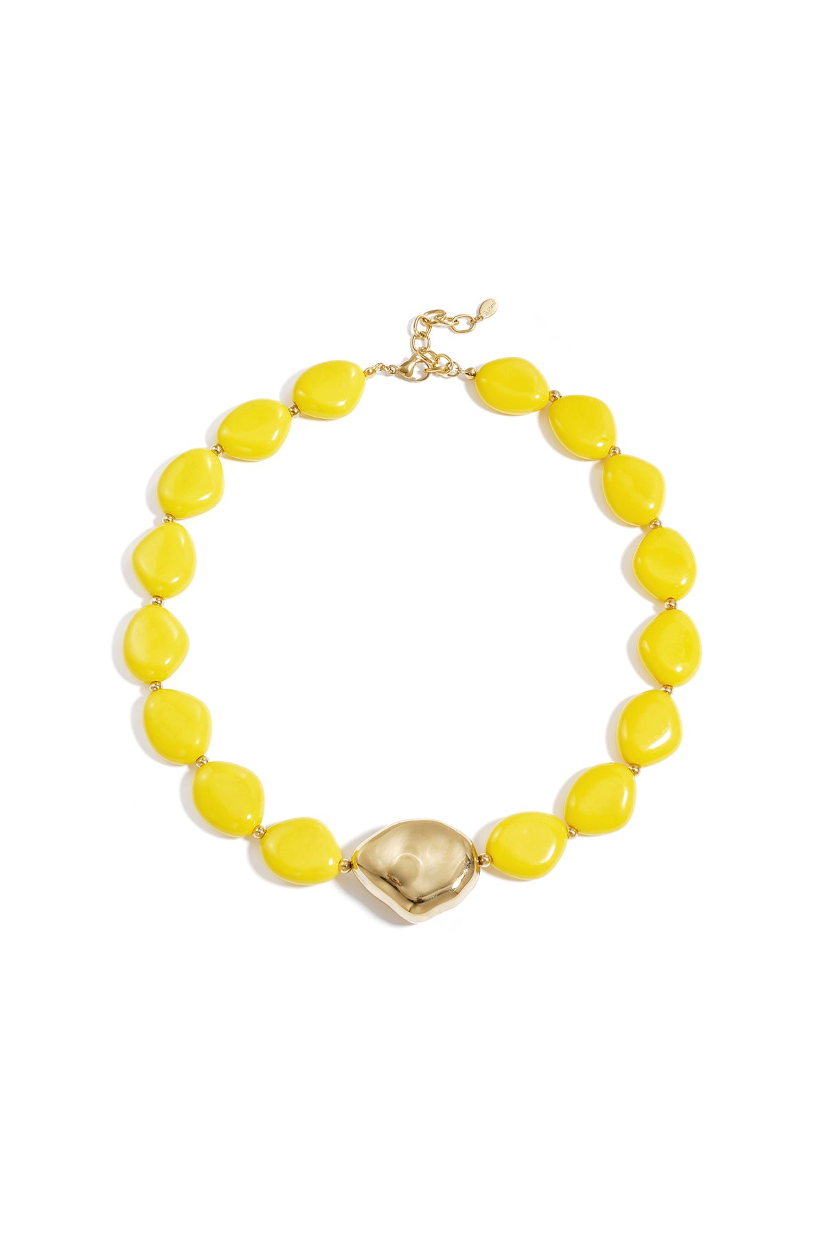 Bright yellow beaded necklace featuring irregular beads and gold-tone centerpiece on white background