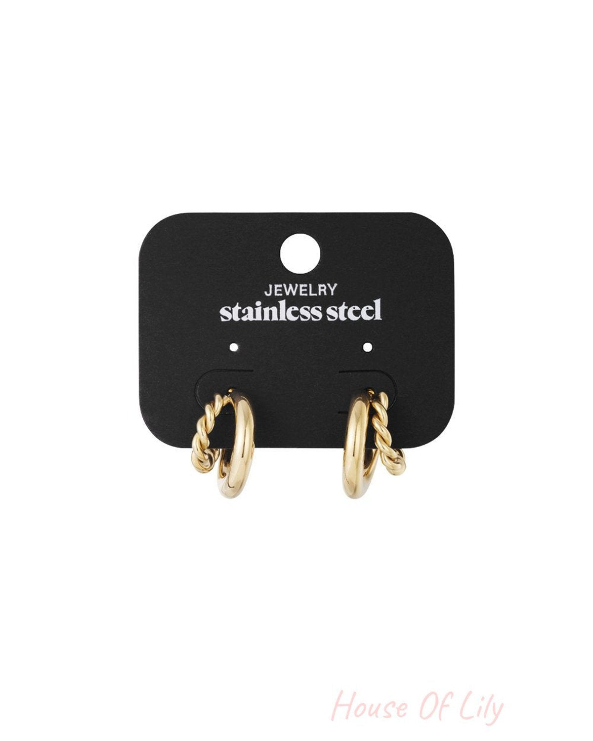 Gold-tone stainless steel hoop earrings featuring a mix of smooth and twisted textures on a black display card.