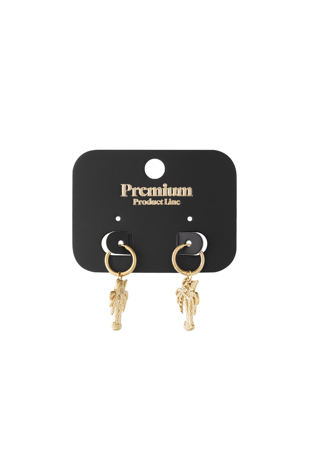 Gold hoop earrings with palm tree charms on a black display card.