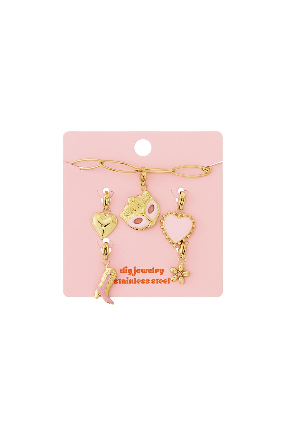 Gold stainless steel charm bracelet set with pink heart, mask, cowboy boot, and flower charms on a pink display card.