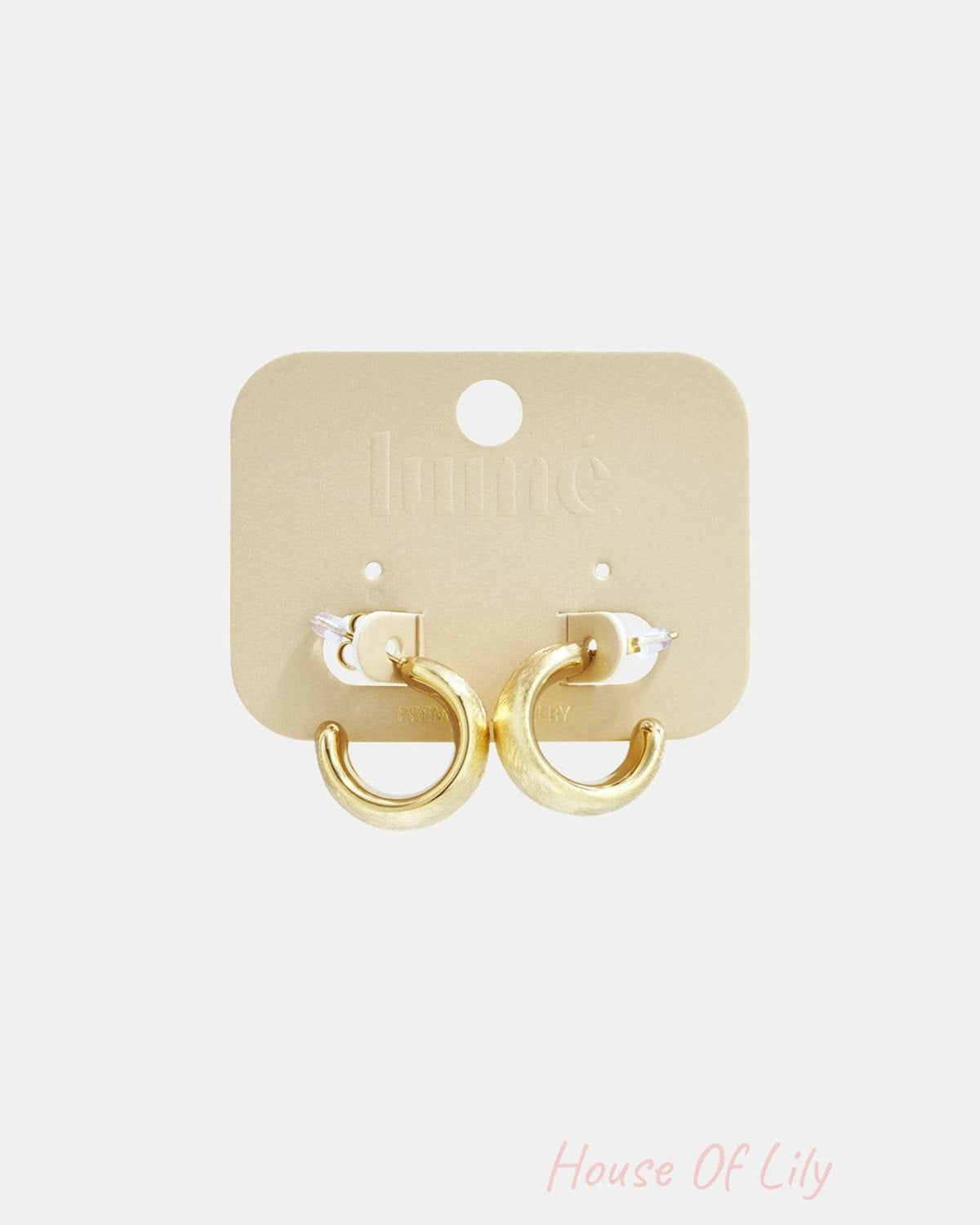 Basic Circle Hoops: Small, thick gold-tone metal hoop earrings with a brushed matte finish on a branded display card.