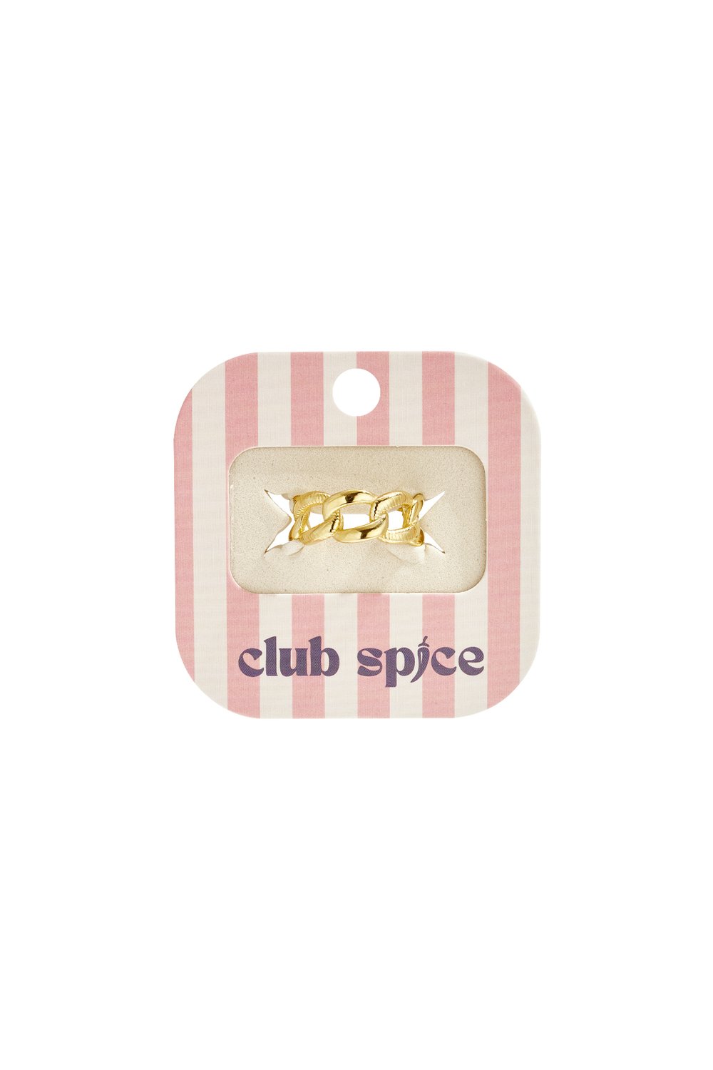 Gold chain link ring on a pink and white striped Club Spice branded display card.
