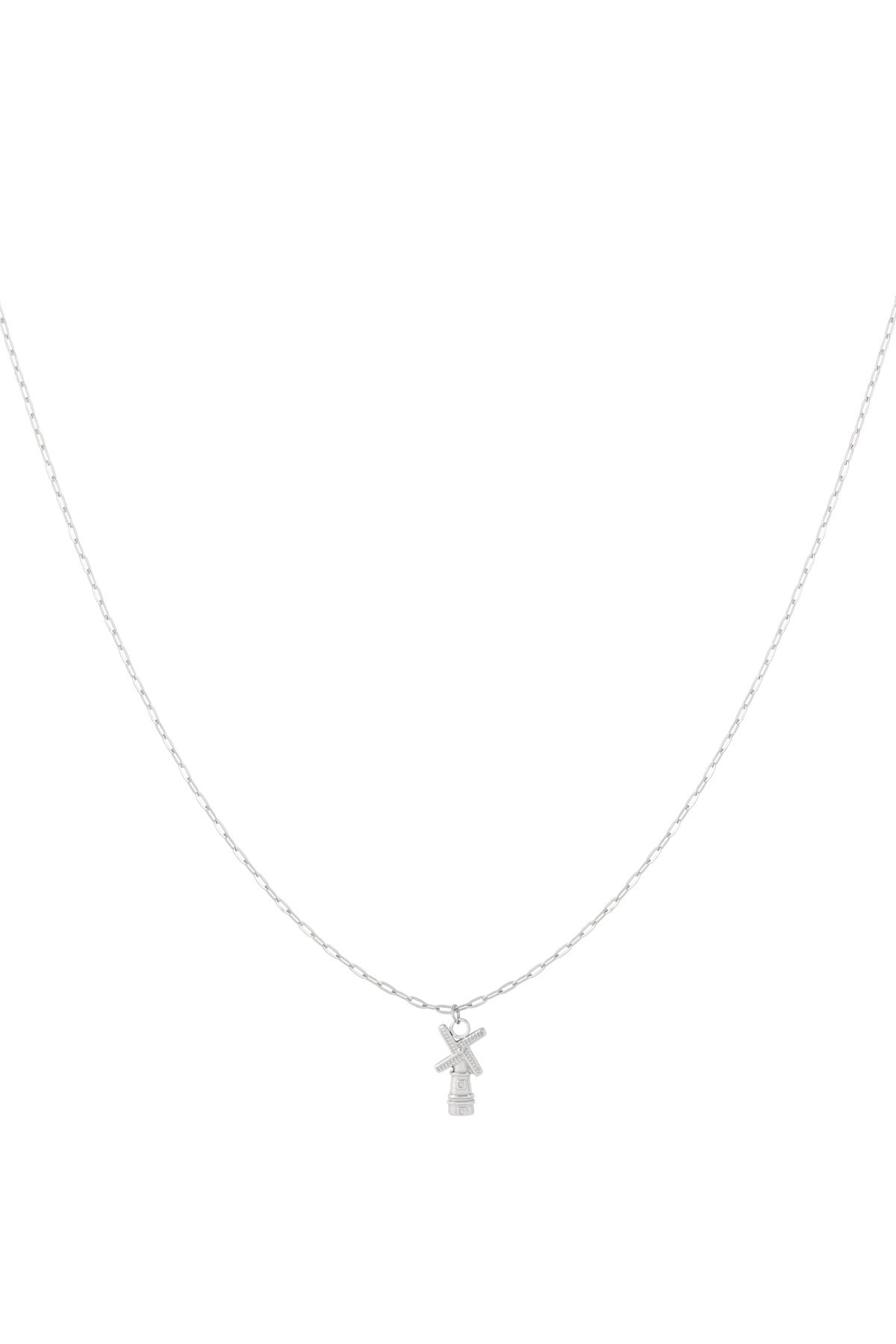 Silver chain necklace with a small windmill pendant displayed on white background