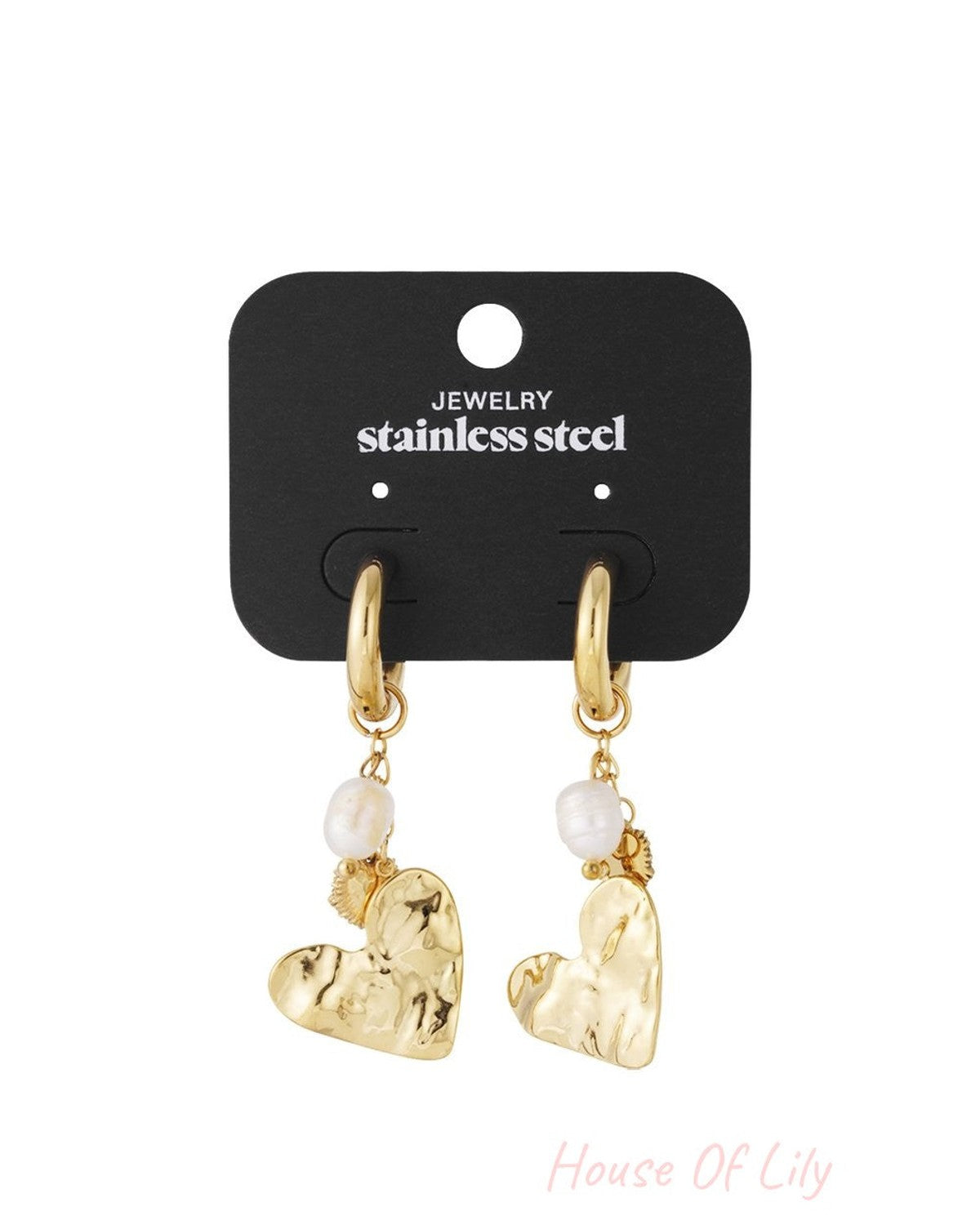 Gold stainless steel hoop earrings featuring dangling white baroque pearls and textured, sculpted heart charms.