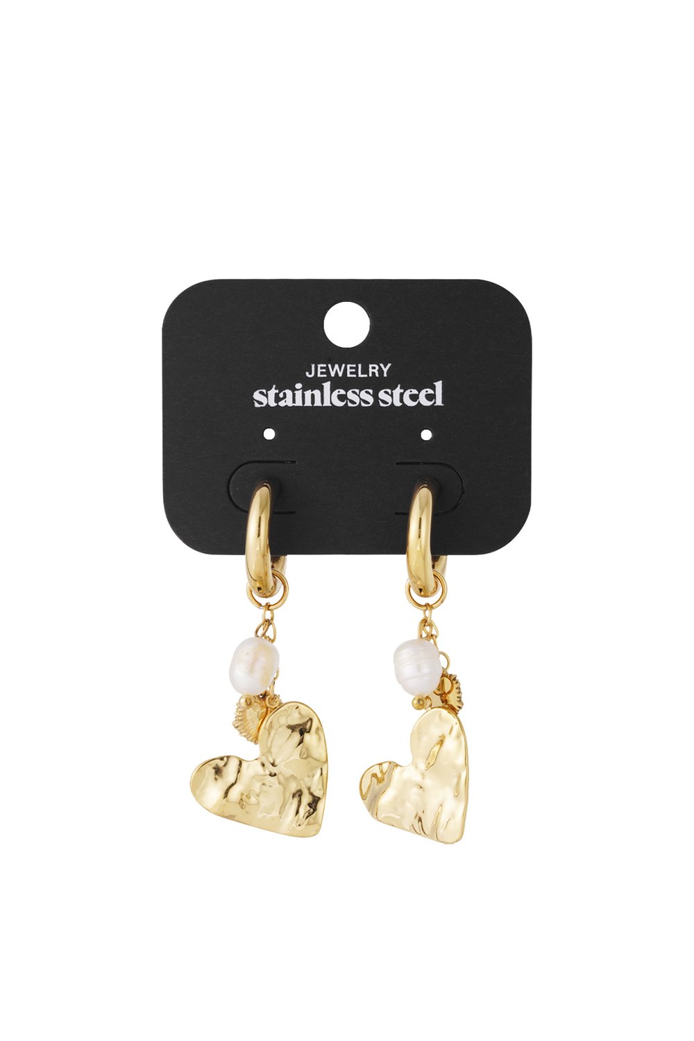 Gold stainless steel hoop earrings featuring dangling white baroque pearls and textured, sculpted heart charms.