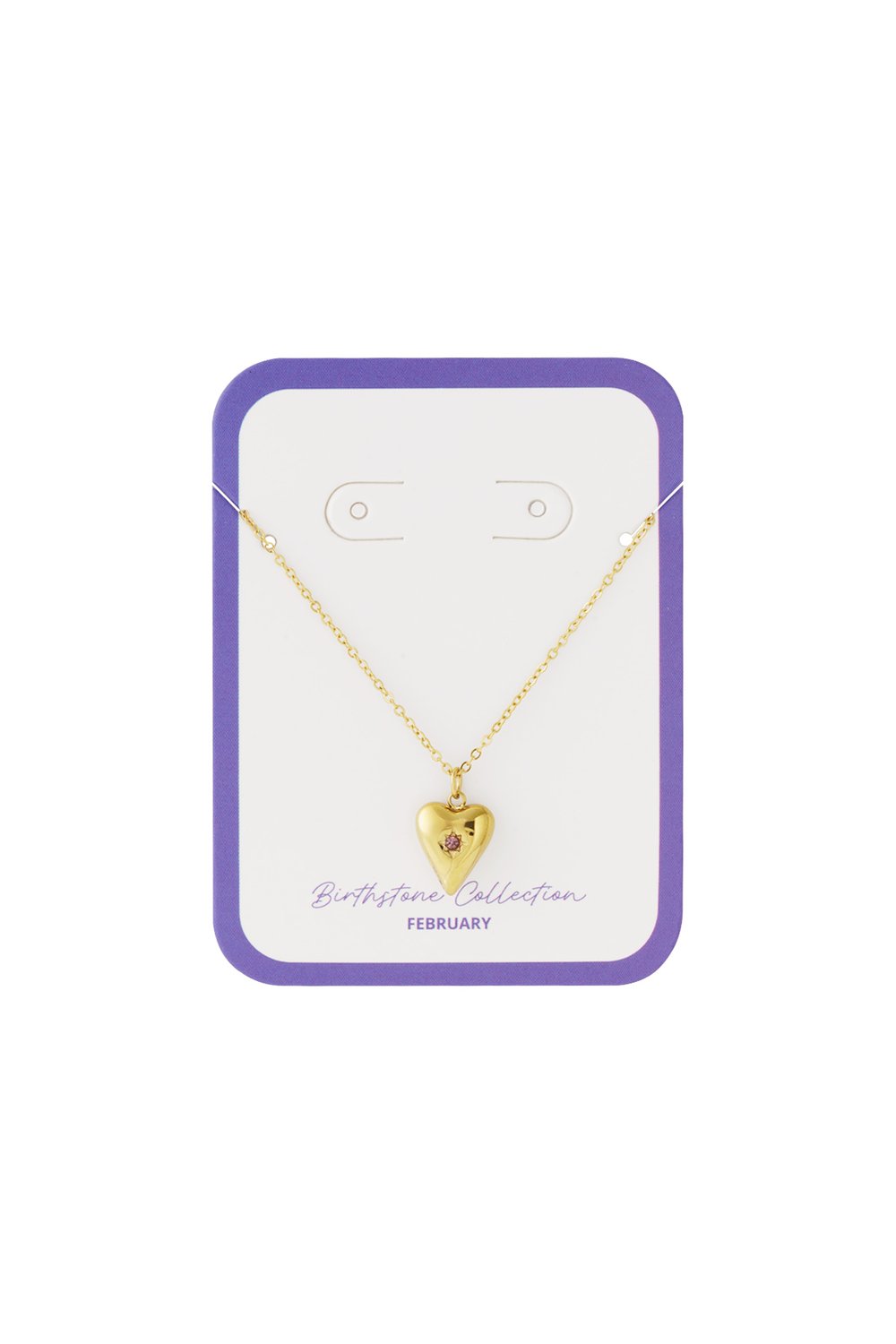 Gold necklace featuring a puffy heart pendant with a small pink February birthstone on a display card.