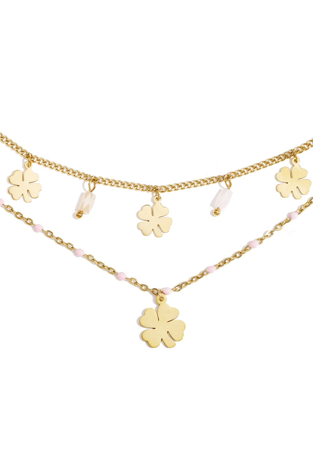 Elegant gold layered chain bracelet featuring dangling four-leaf clover charms, white beads, and small pink accents.