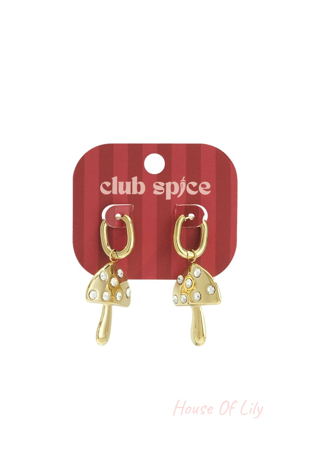 Gold-tone hoop earrings with dangling, crystal-studded mushroom charms on a red striped display card.