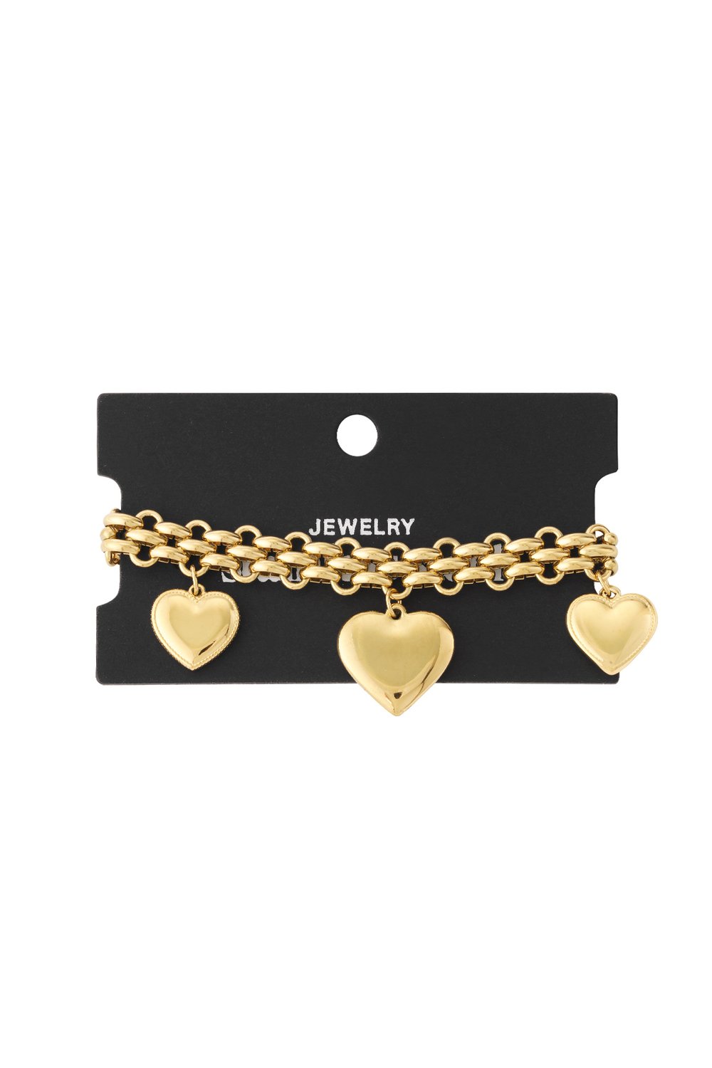 Gold-tone chain bracelet on a black display card, featuring three polished heart charms.
