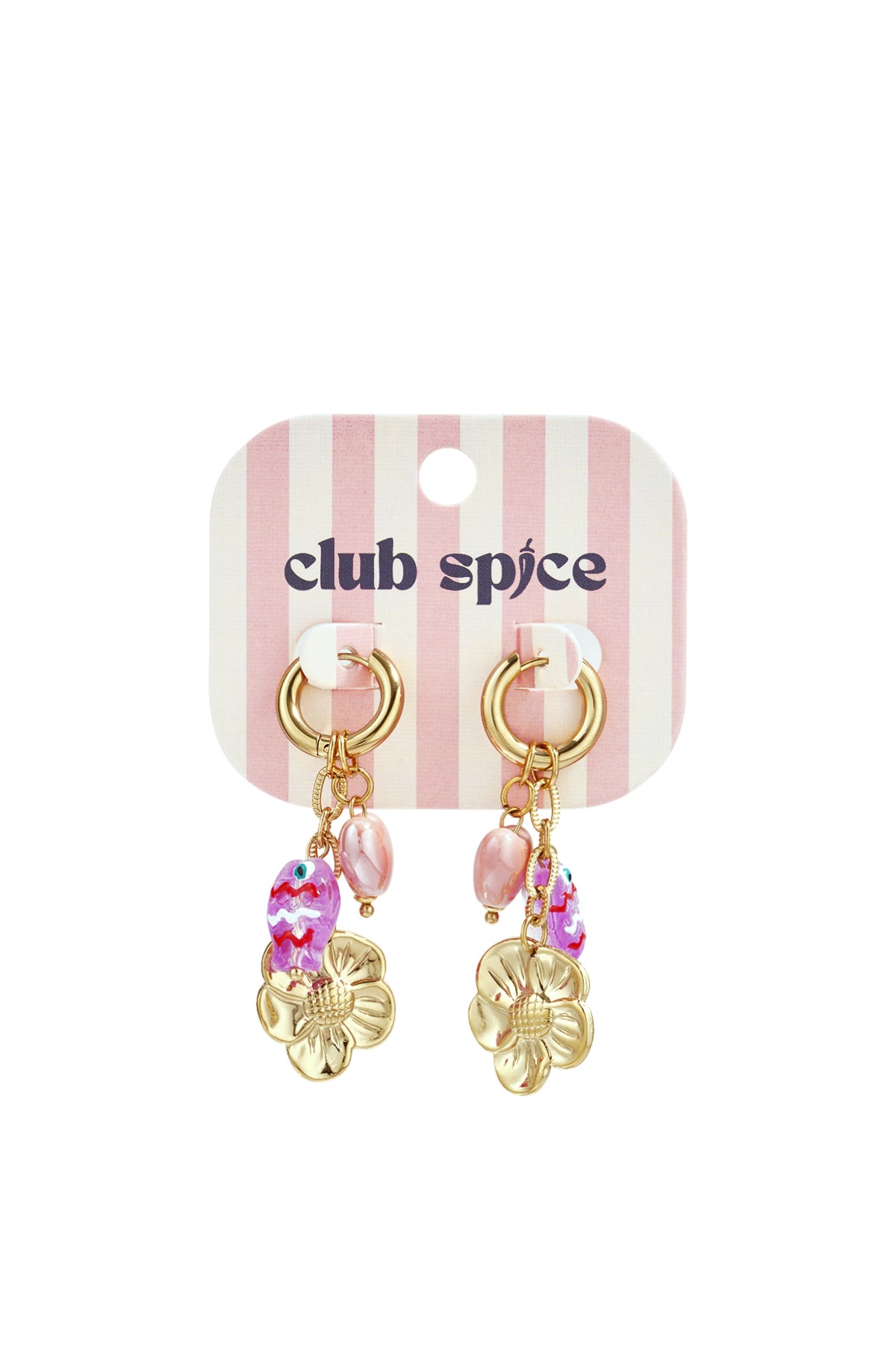 Club Spice brand card displaying gold-tone drop earrings with pink fish, heart bead, and gold flower charms