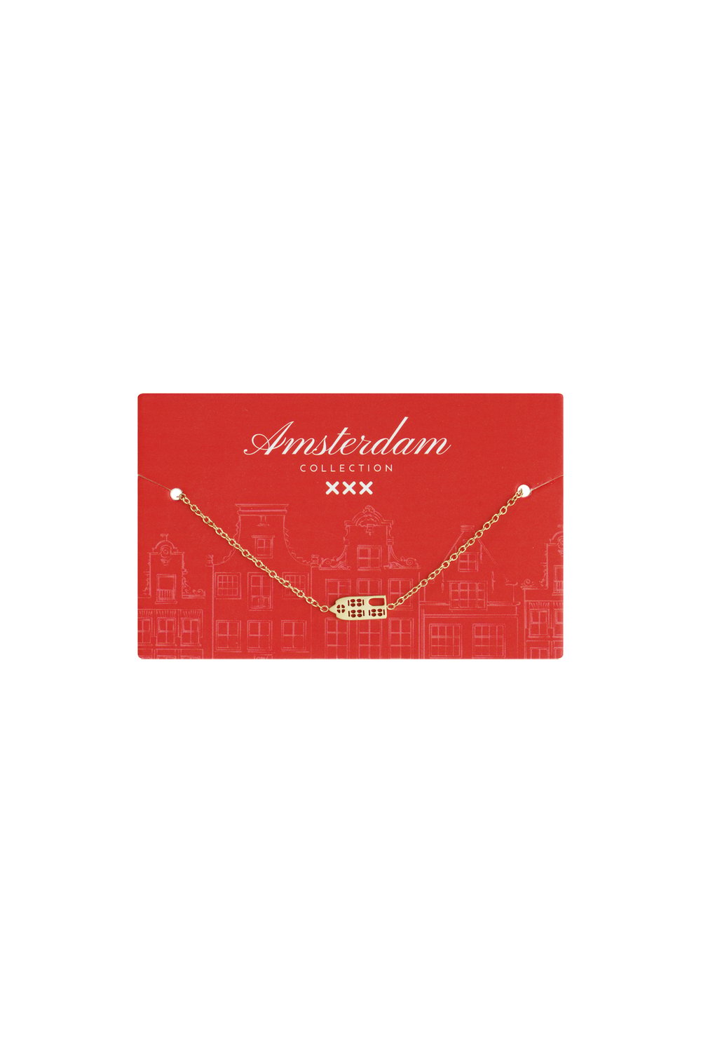 Lucky Domino Vibe gold chain necklace with a small domino-shaped pendant, displayed on a red Amsterdam Collection card.