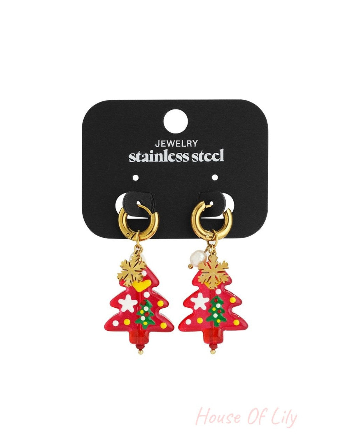 Festive stainless steel hoop earrings with red Christmas tree charms, gold snowflakes, and mini pearl accents.
