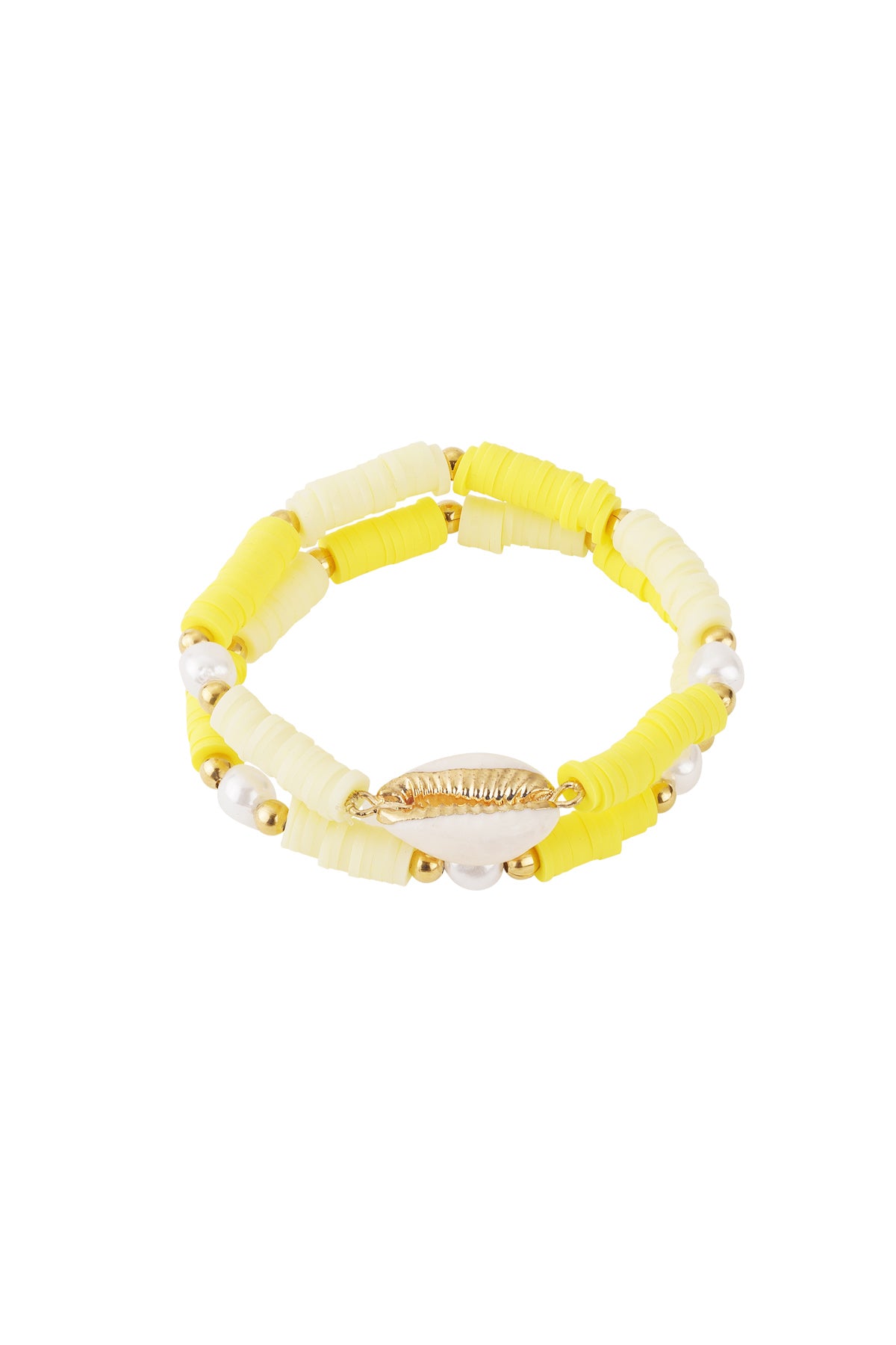 Yellow shell beaded bracelet set featuring layered polymer beads, pearls, and gold trim shell centerpiece on white background