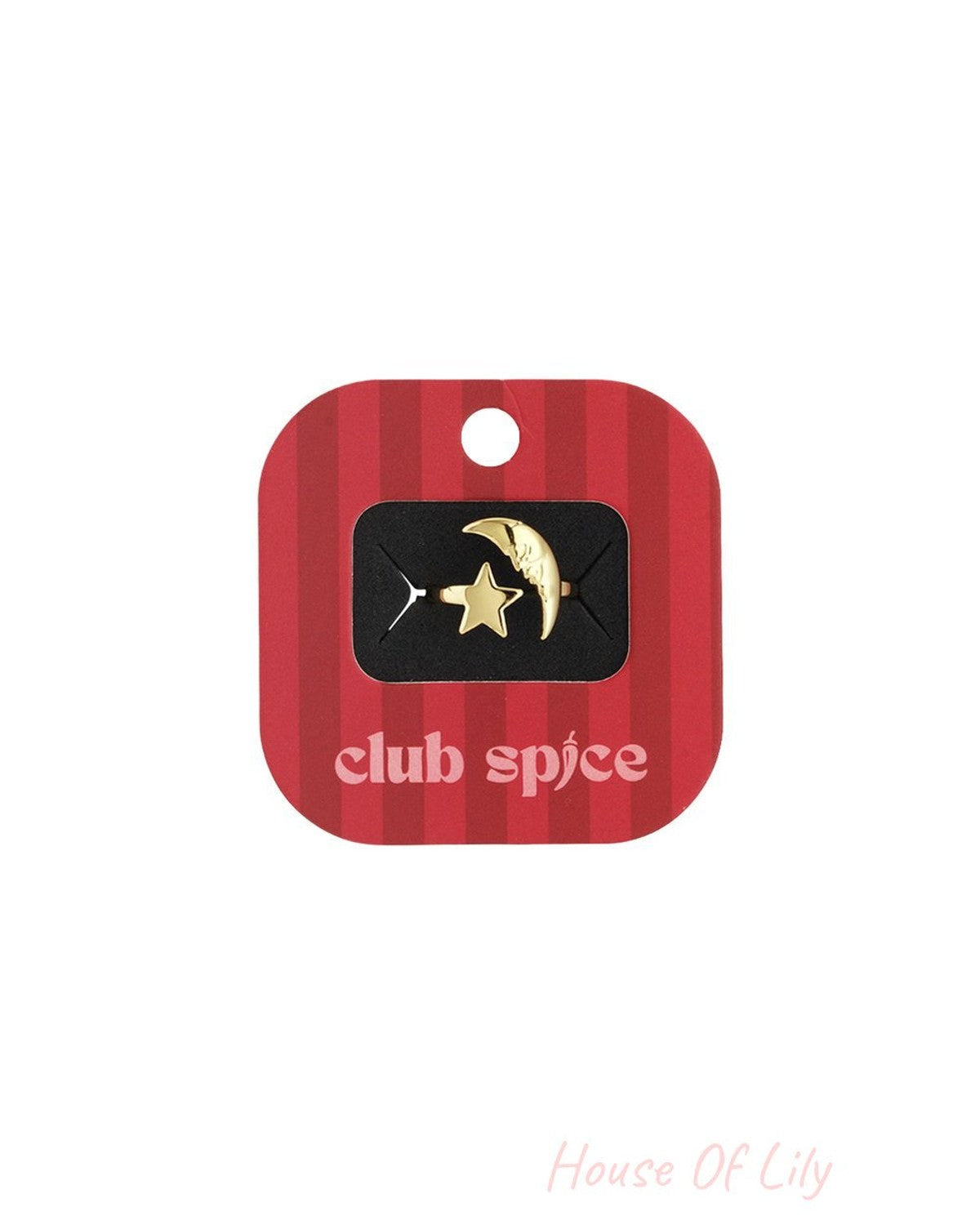Cosmic Shimmer Ring: A gold-toned ring featuring a crescent moon and star charm on branded red Club Spice display card.