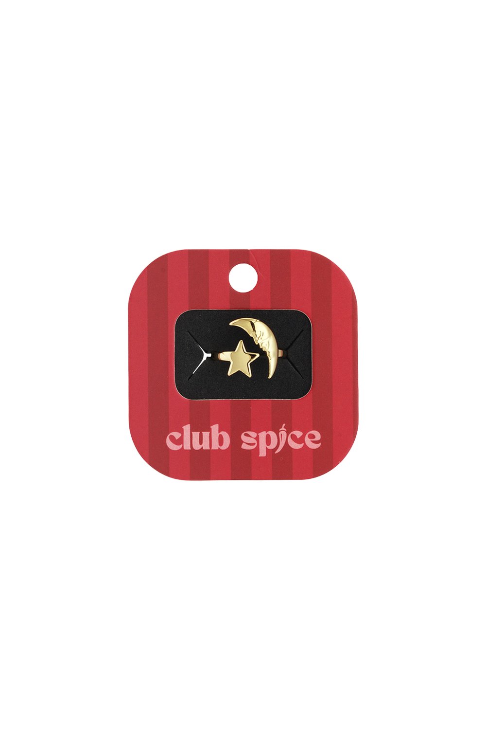 Cosmic Shimmer Ring: A gold-toned ring featuring a crescent moon and star charm on branded red Club Spice display card.
