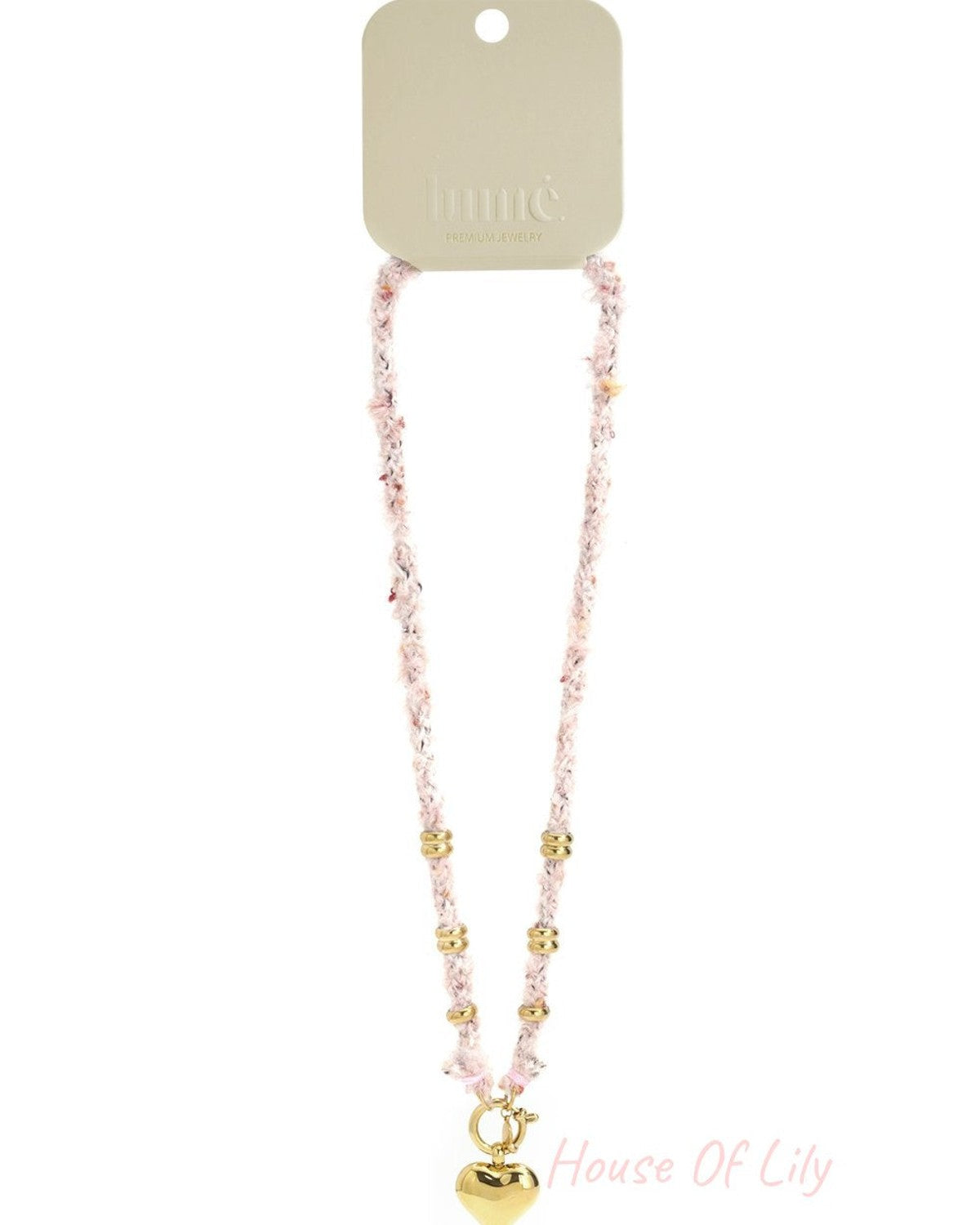 Soft Girl Heart necklace: Pink textured fabric cord with gold-tone beads and a gold heart pendant on a toggle clasp.