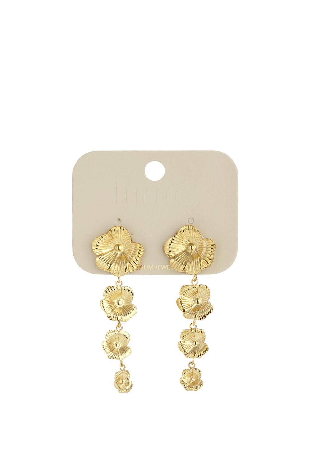 Gold Petal Cascade drop earrings featuring four graduated, textured flower charms dangling from a post backing.