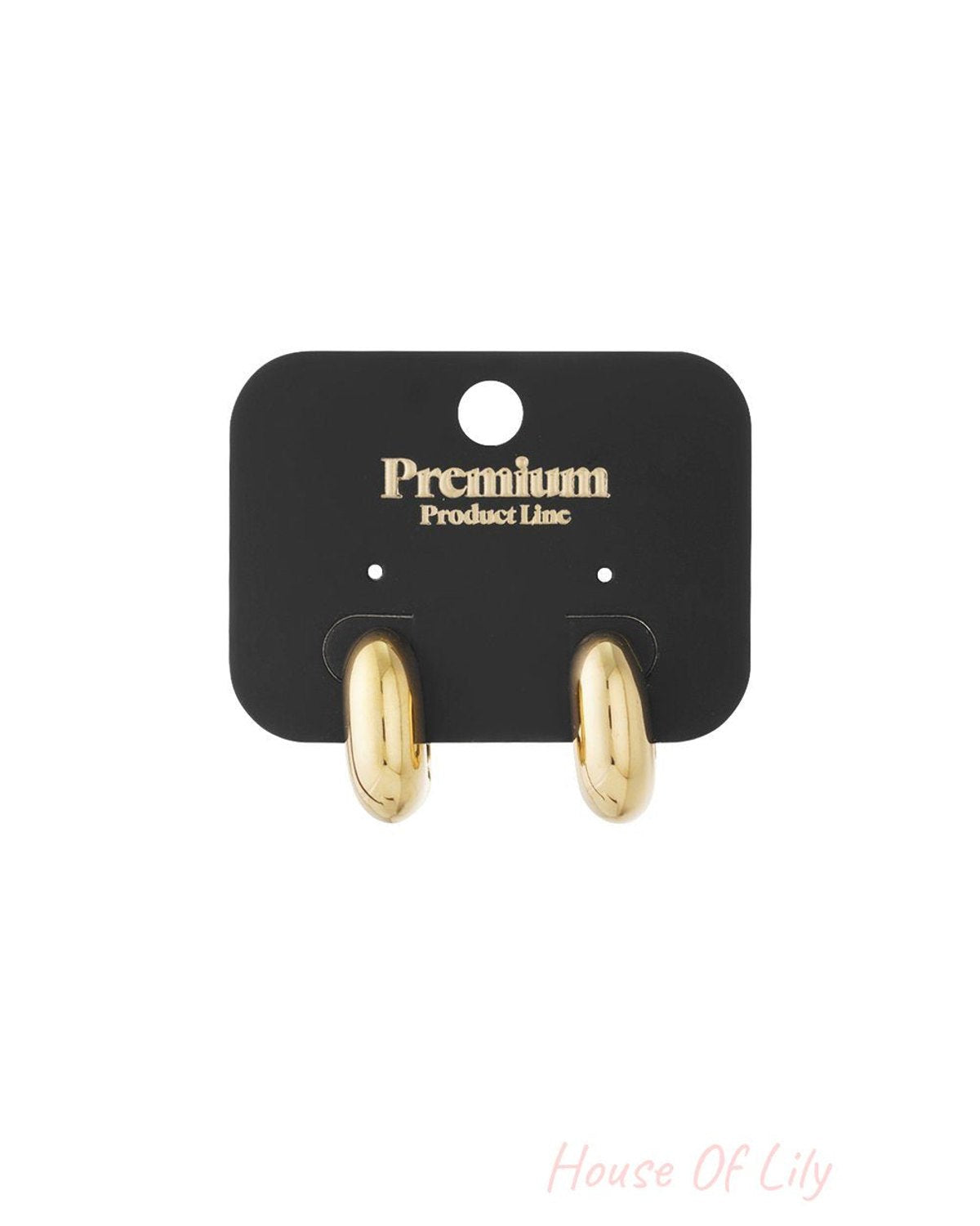 Glazed Puffy Loop earrings in shiny gold, featuring a smooth, thick, rounded minimalist hoop design on a display card.