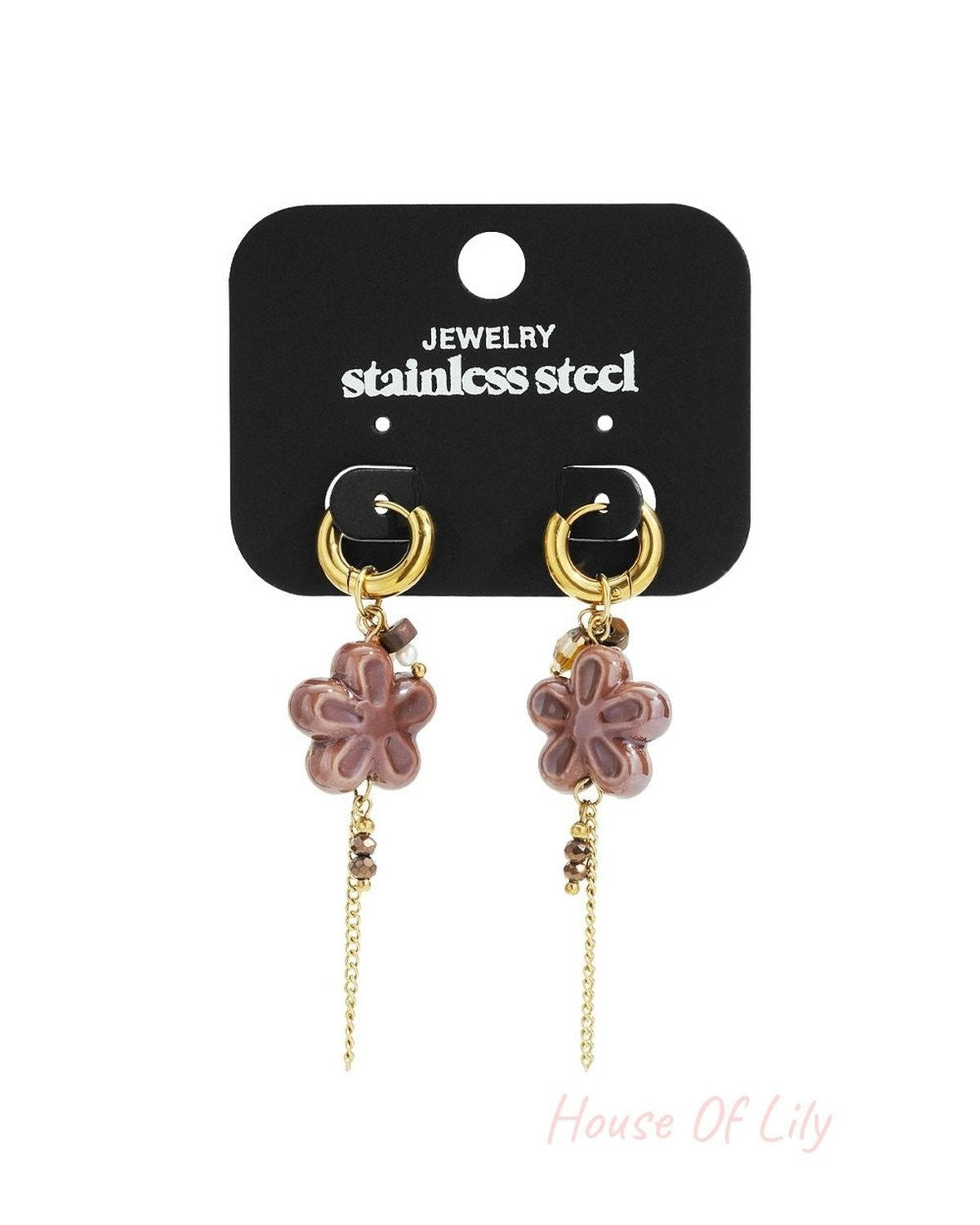 Bloom Core Drip gold-tone stainless steel hoop earrings featuring mauve flower charms and delicate beaded chain drapes.