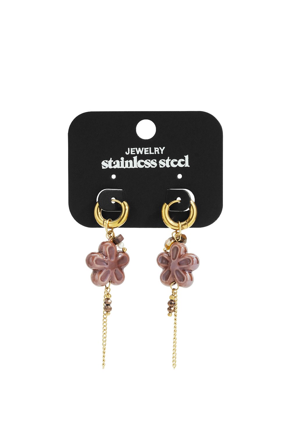 Bloom Core Drip gold-tone stainless steel hoop earrings featuring mauve flower charms and delicate beaded chain drapes.